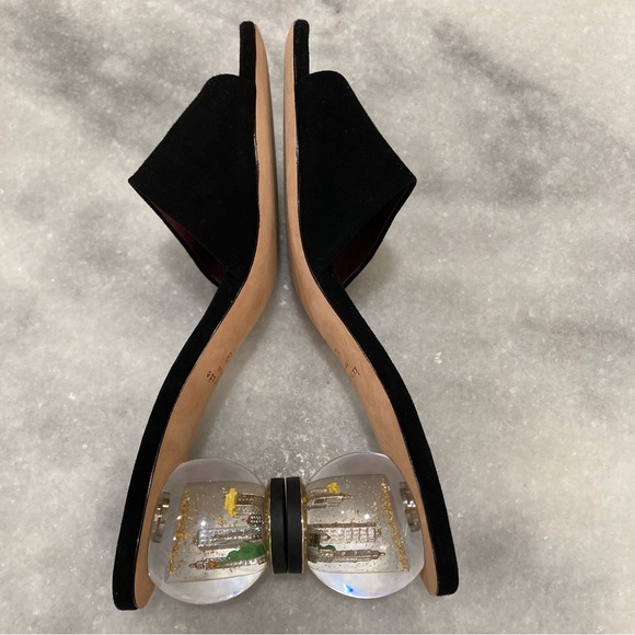 KATE SPADE NY Polished Black Suede Open Toe Snow Globe Clear Ball Heel Sandals - Picture 5 of 13